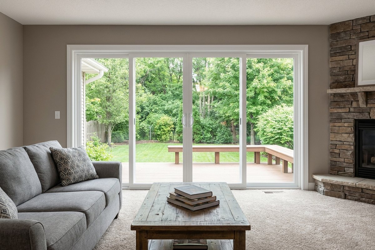 Edgemoor living room new Low-E sliding patio door, bright and square
