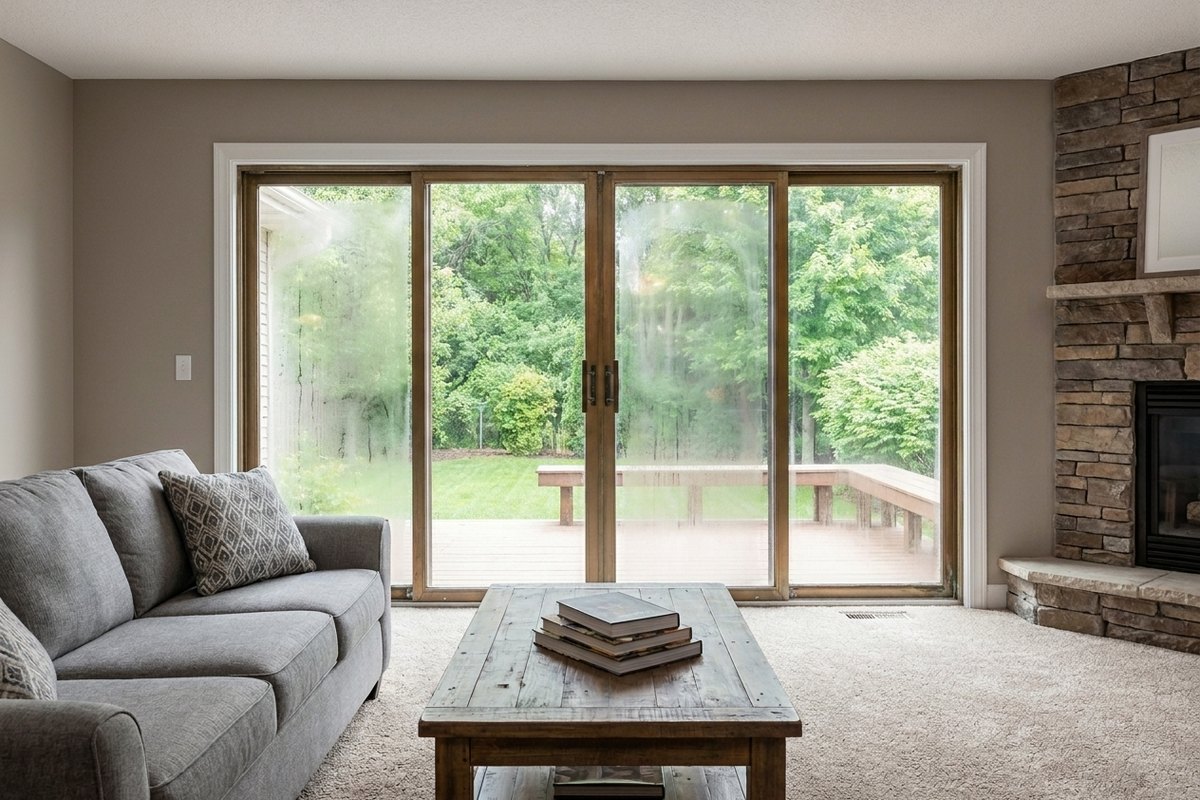 Edgemoor living room old aluminum sliding glass door before replacement