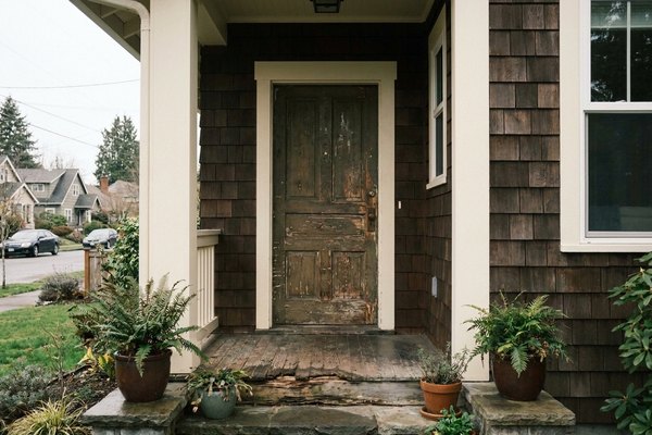 Fairhaven home weather-worn wood front door before replacement
